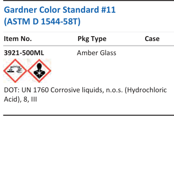 Aqua Solutions Gardner Color Standard #11 (ASTM D 1544-58T) catalog panel