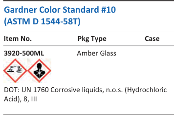 Aqua Solutions Gardner Color Standard #10 (ASTM D 1544-58T) catalog panel