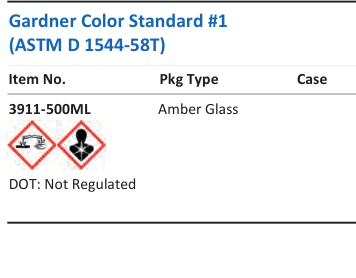Aqua Solutions Gardner Color Standard #1 (ASTM D 1544-58T) catalog panel