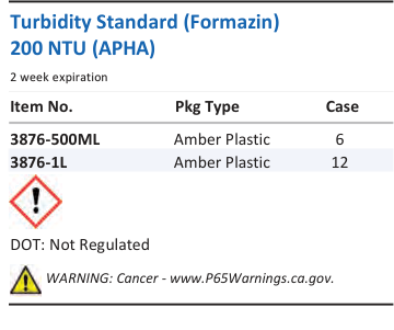 Aqua Solutions Turbidity Standard (Formazin) 200 NTU (APHA) catalog panel