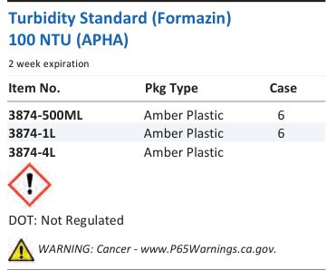 Aqua Solutions Turbidity Standard (Formazin) 100 NTU (APHA) catalog panel