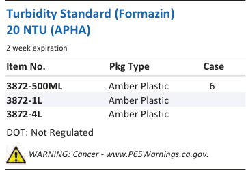 Aqua Solutions Turbidity Standard (Formazin) 20 NTU (APHA) catalog panel