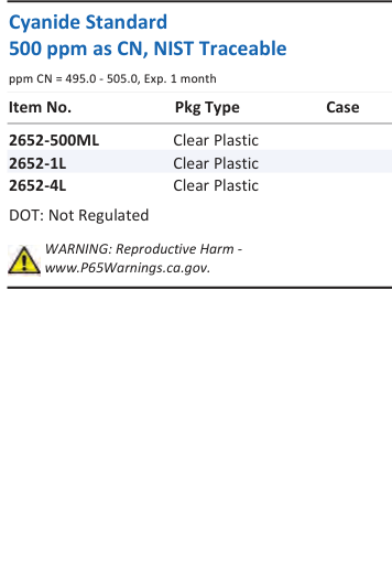 Aqua Solutions Cyanide Standard 500 ppm as CN, NIST Traceable catalog panel