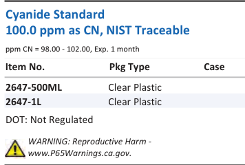 Aqua Solutions Cyanide Standard 100.0 ppm as CN, NIST Traceable catalog panel