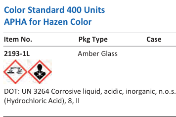 Aqua Solutions Color Standard 400 Units APHA for Hazen Color catalog panel