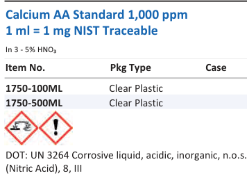 Aqua Solutions Calcium AA Standard 1,000 ppm 1 ml = 1 mg NIST Traceable catalog panel