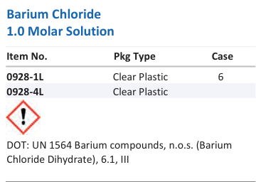 Aqua Solutions Barium Chloride 1.0 Molar Solution catalog panel