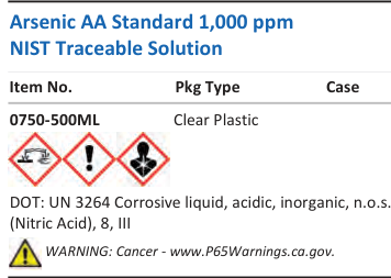 Aqua Solutions Arsenic AA Standard 1,000 ppm NIST Traceable Solution catalog panel