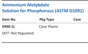 Aqua Solutions Ammonium Molybdate Solution for Phosphorous (ASTM D1091) catalog panel