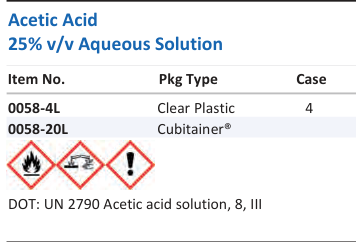 Aqua Solutions Acetic Acid 25% v/v Aqueous Solution catalog panel