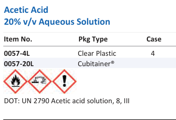 Aqua Solutions Acetic Acid 20% v/v Aqueous Solution catalog panel