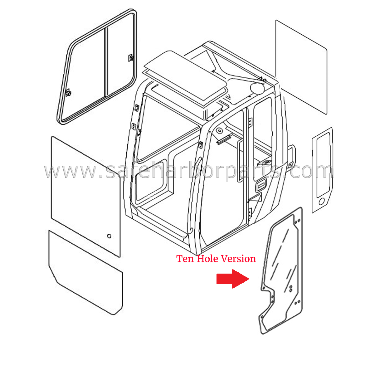 0378607403 Takeuchi Excavator Door Glass - 10 Hole Version