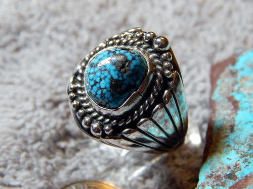 Mens Black Spiderweb Turquoise Sterling Ring Navajo  Lorenzo James Size 11 1/4