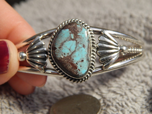 Smokey Bisbee Turquoise Sterling  Silver Ladies Bracelet By Navajo Harold Tahe