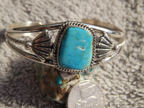 Bisbee Blue Turquoise Sterling  Silver Ladies Bracelet By Navajo Harold Tahe