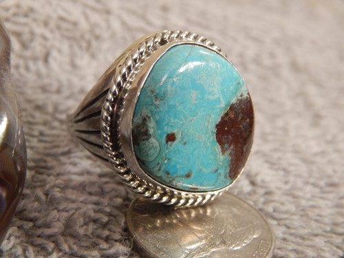 Bisbee Turquoise Sterling  Silver Mens Ring by Navajo Russell Sam Size 11