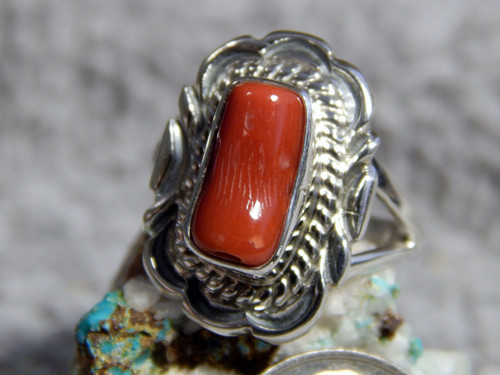 New Light Weight Ladies Sterling Silver Coral Ring Navajo Virgil Chee Size 7