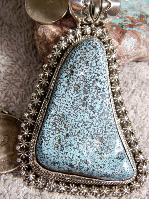 New Kingman Turquoise Black Web Sterling Silver Pendant Navajo Russell Sam