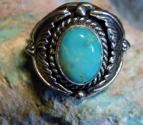 New Mens Sterling Silver  Turquoise Ring By Navajo Patrick Yazzie Size 10 3/4