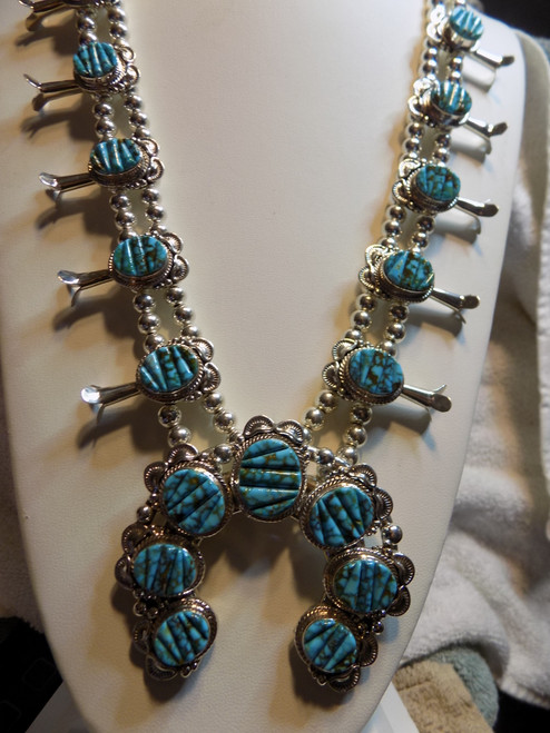 Sterling Kingman Polychrome Turquoise Squash Blossom Necklace Navajo T Francisco