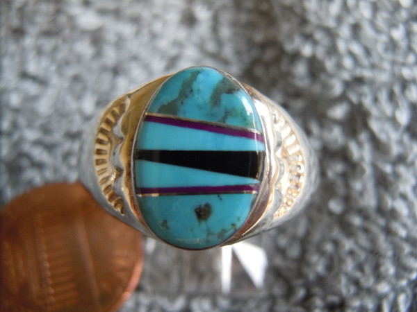 New Light Weight Ring Sterling Gem Inlay Navajo Tommy Lincoln size 11