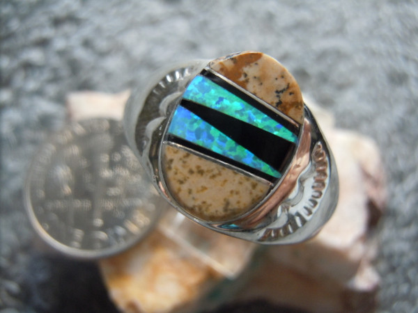 Mens Light Weight Ring Sterling  Gem  Inlay Navajo Tommy Lincoln Size 11 1/4