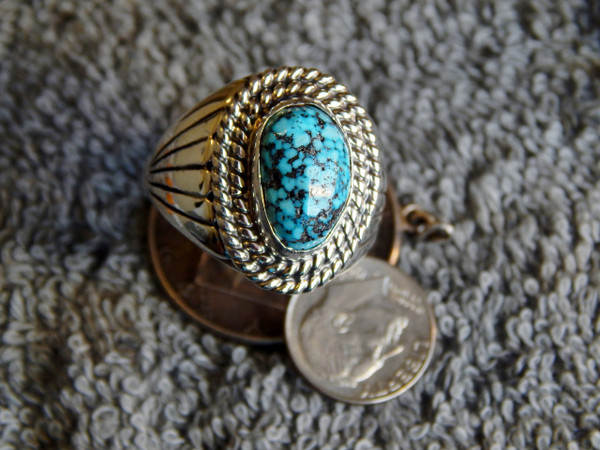 Mens Black Spiderweb Turquoise Sterling Ring Navajo Lorenzo James Size 13 3/4