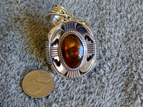 New Sterling Silver Fire Agate Pendant By Navajo Russel Sam