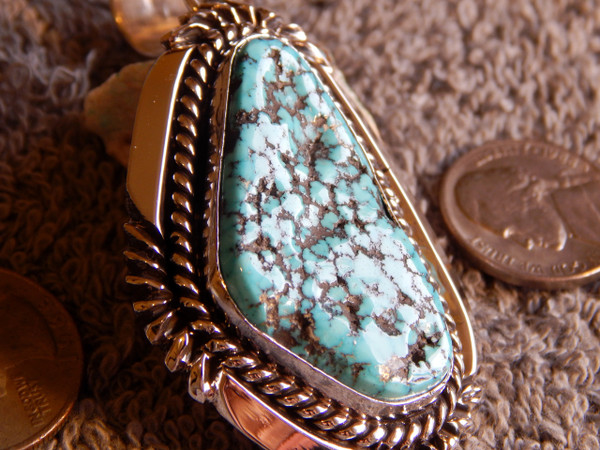 New Sterling Silver Kingman Turquoise Black Web Pendant Navajo Russell Sam