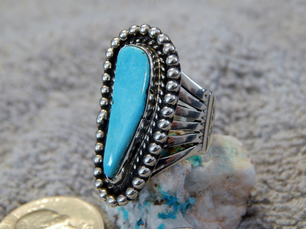 Bisbee Turquoise Sterling Silver Ring By Navajo Lorenzo James Size 8 1/4