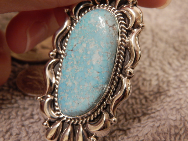 New Bisbee Turquoise Sterling Silver  Repoussé Pendant Navajo Geraldine James