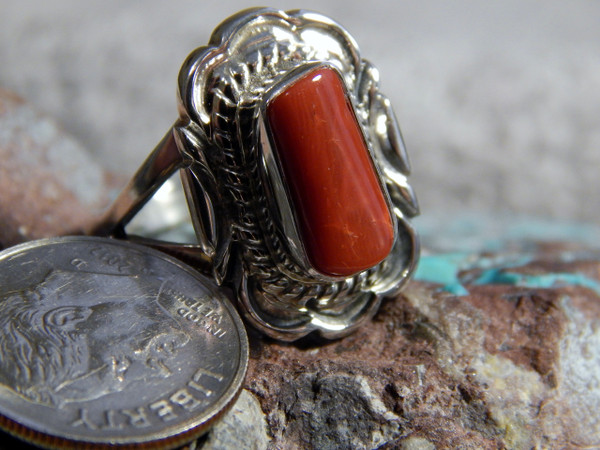 New Light Weight Ladies Sterling Silver Coral Ring Navajo Virgil Chee Size 9