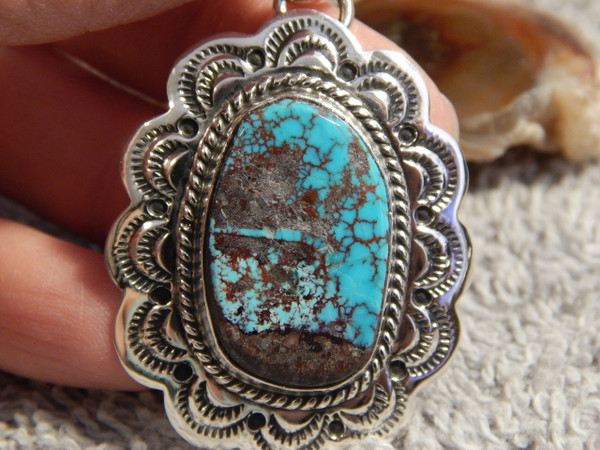 New Bisbee Turquoise Sterling Silver Pendant  By Navajo Geraldine James