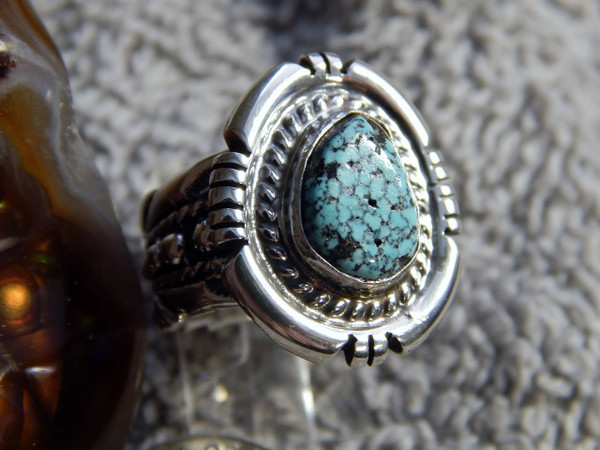 Black Web Turquoise Sterling Silver Unisex  Ring Navajo Russell Sam Size 6 1/4