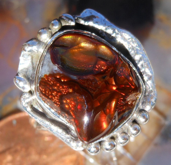 New Sterling Silver and Deer Creek AZ Fire Agate Gem ring  sz  6 3/4   D107