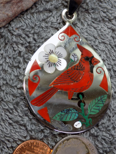 Rudy & Nancy Laconsello Sterling Coral Bird Inlay Art Pendant Zuni Cardinal 