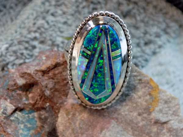  Ladies Sterling Silver Created Opal Inlay Ring Navajo James Lee Size 10