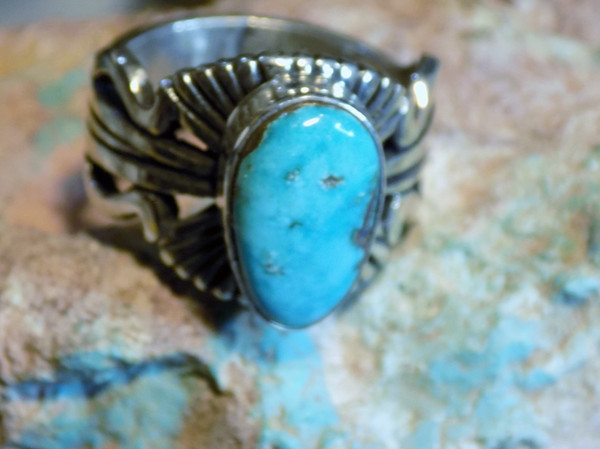 Bisbee Blue Turquoise Sterling Silver Unisex Ring Navajo Russell Sam Size 9 1/4