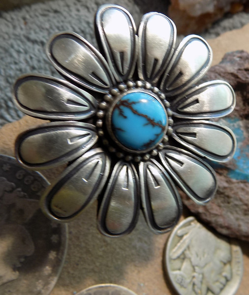 Sterling Turquoise Ladies Handmade Flower Ring Navajo Paul Livingston Siz 8 1/2