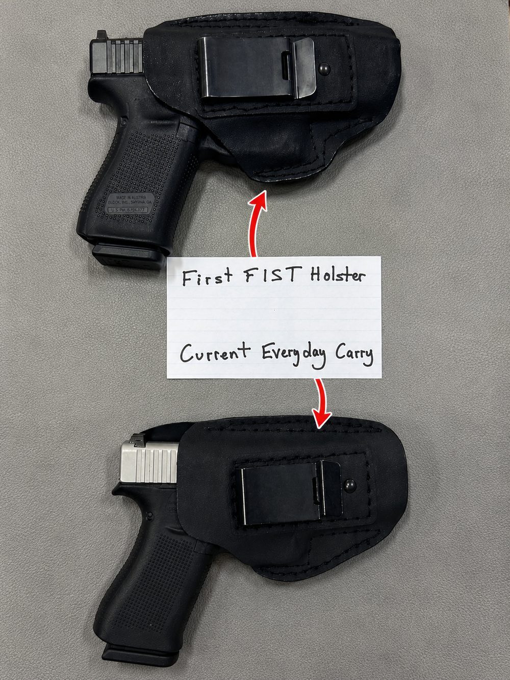 First FIST holster from 2001 compared with current everyday carry