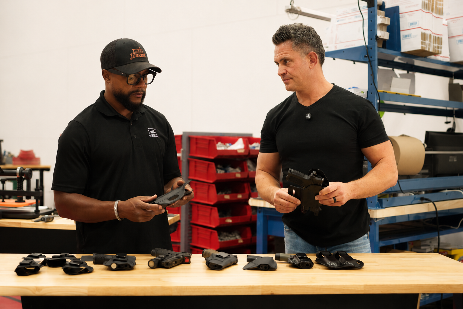 Kevin and Josh reviewing holster designs at the workbench, a lineup of American-made holsters in front of them