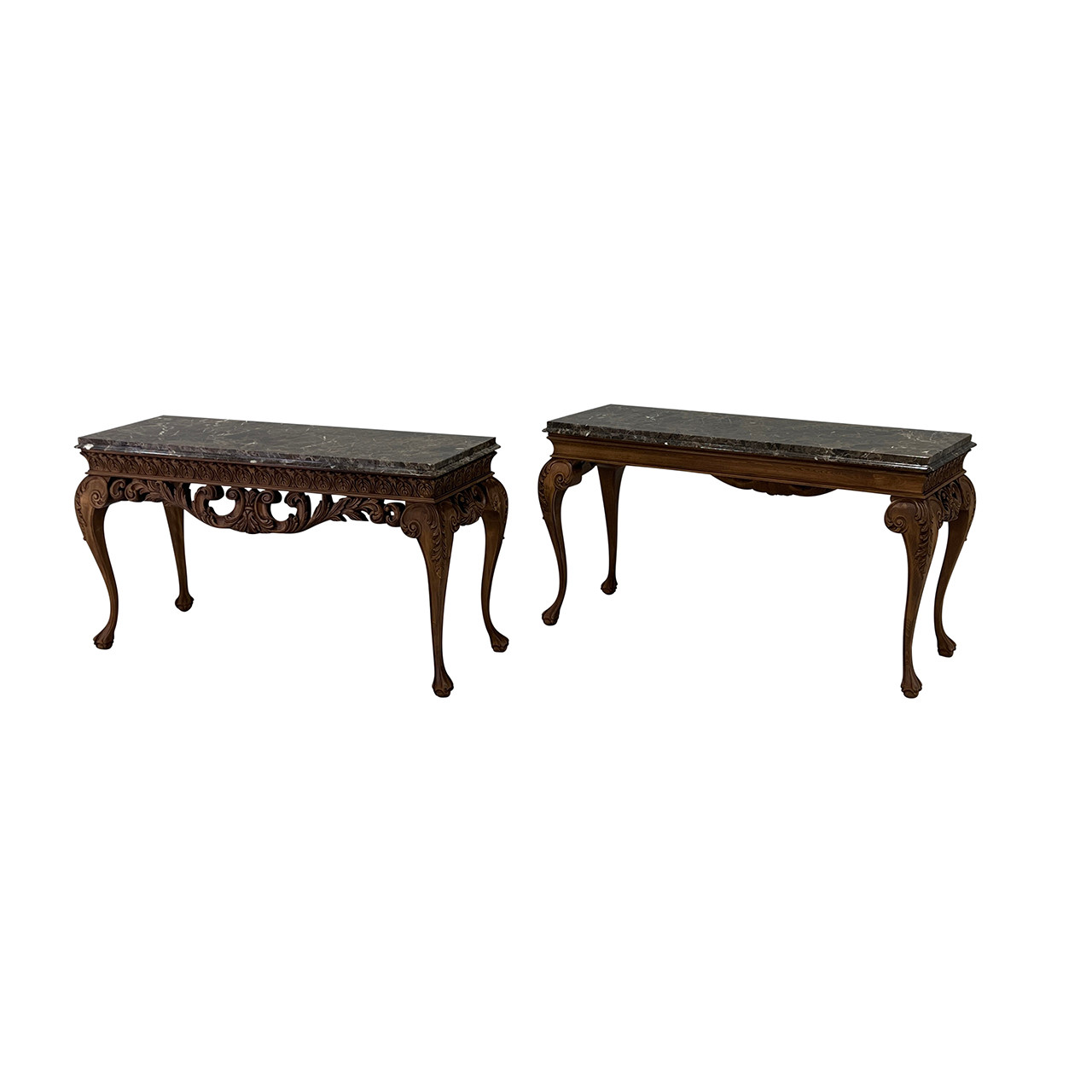 Irish Style Carved Consoles w/ Marble Tops - PAIR