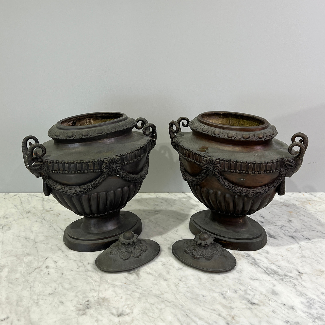 Bronze Lidded Urns with Rams Handles, PAIR