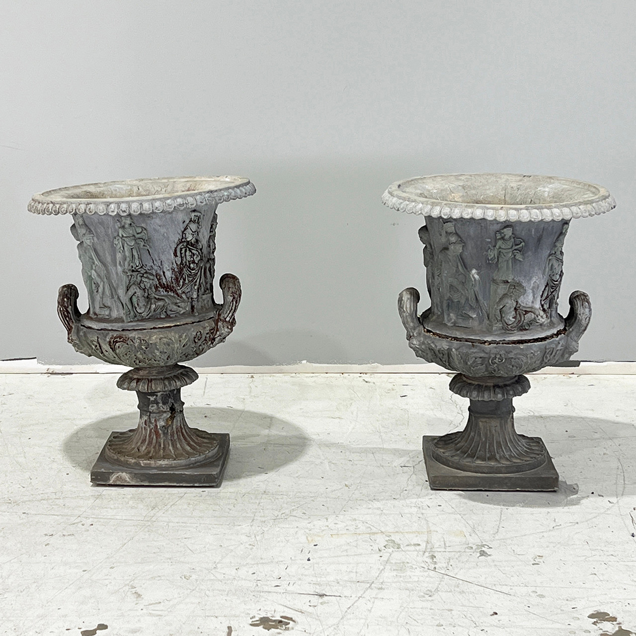 Neoclassical Lead Garden Urns - Pair