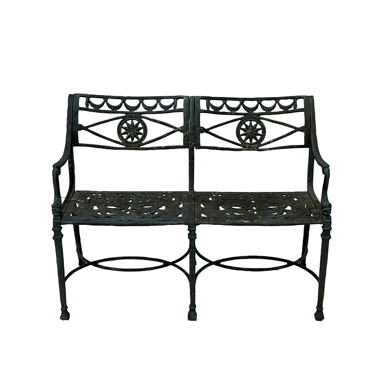 Neoclassical Metal Garden Bench w/ Dolphin Arms, Vintage #1