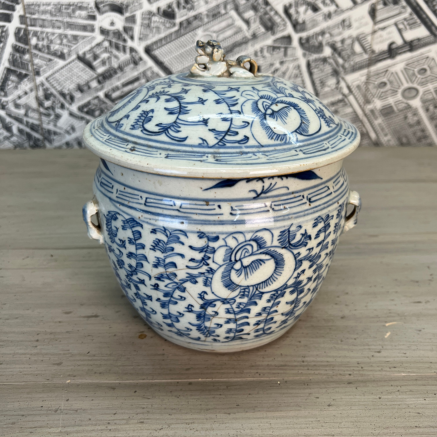 Antique Blue & White Ginger Jar with Lid and Foo Dog Decoration - Set of 2