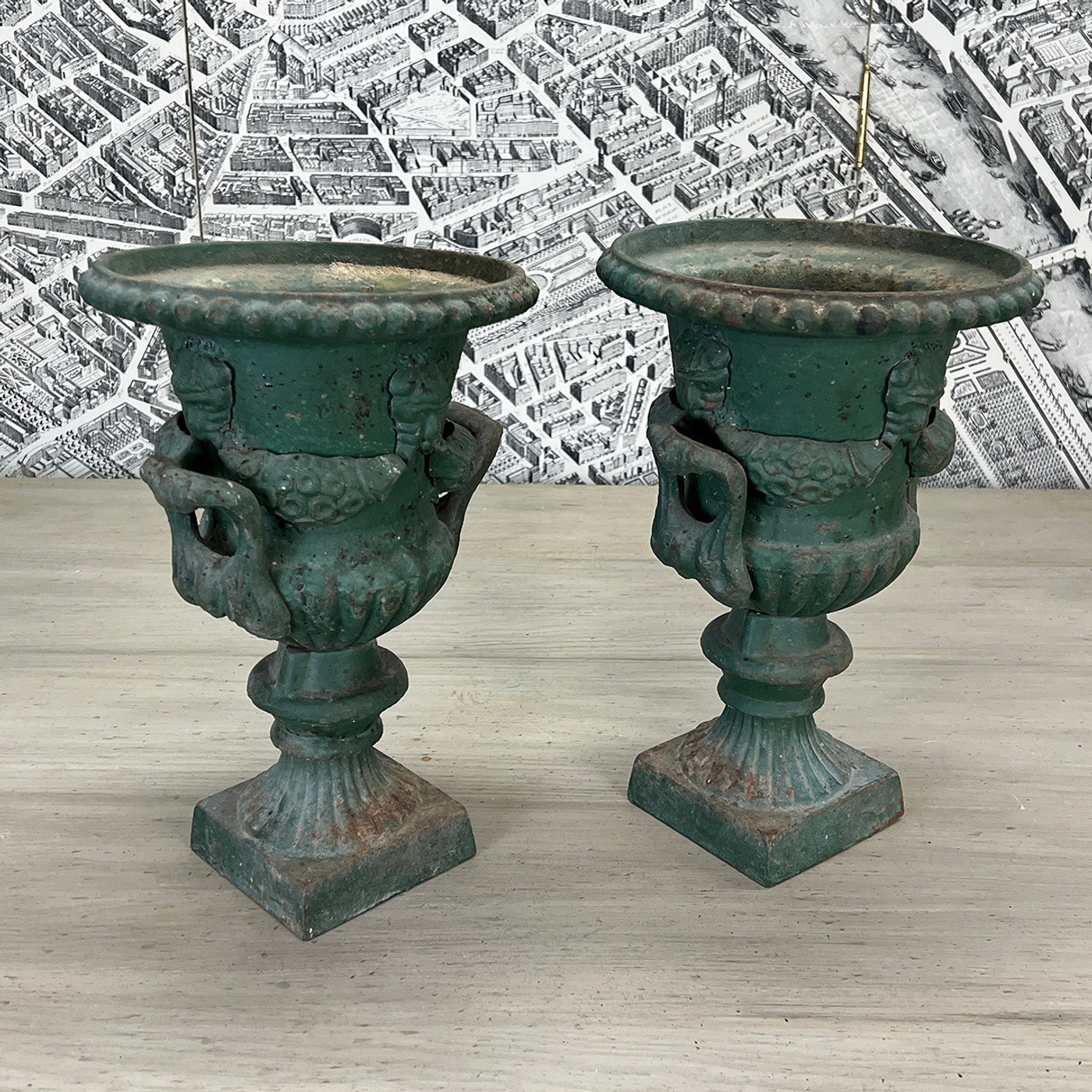 Antique Architectural Cast Iron Garden Urns with Lions - PAIR
