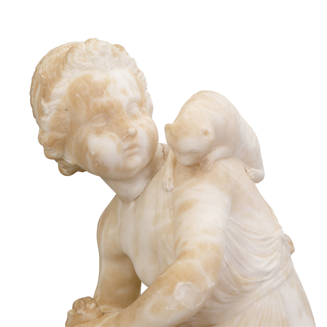Carved Marble Figure of Putto with Cat