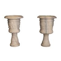 Neoclassical Style White Marble Urns on Columns - PAIR