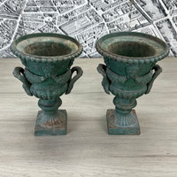 Antique Architectural Cast Iron Garden Urns with Lions - PAIR